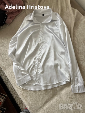  Бяла бляскава сатенена мъжка риза размер Л