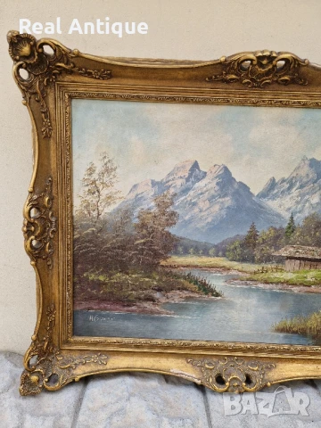 Прекрасна антикварна белгийска картина масло върху платно , снимка 5 - Картини - 50445682