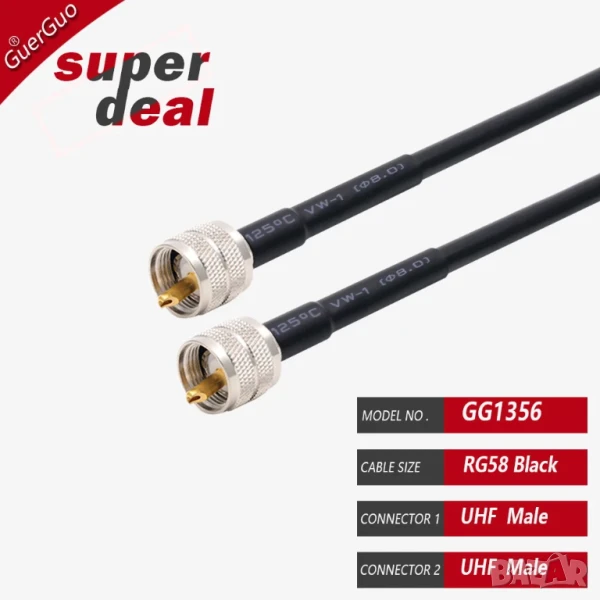 Коаксиален кабел UHF M към UHF M 20 сантиметра, снимка 1