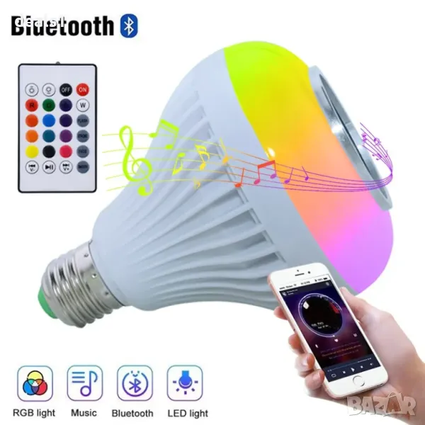 Музикална LED Крушка с Bluetooth и RGB E27 110V-220V Безжично управление, снимка 1