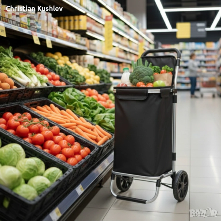 Количка за пазаруване в черен цвят – 40 л, водоустойчива, лека и удобна с 2 колела, снимка 1