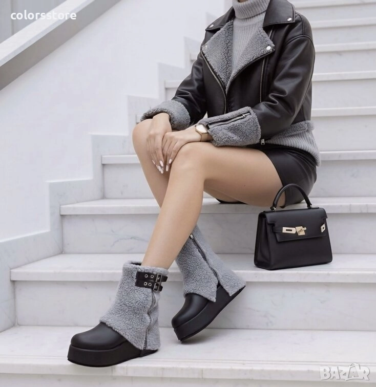 Боти на платформа - черно със сиво кожа - BPK55 , снимка 1