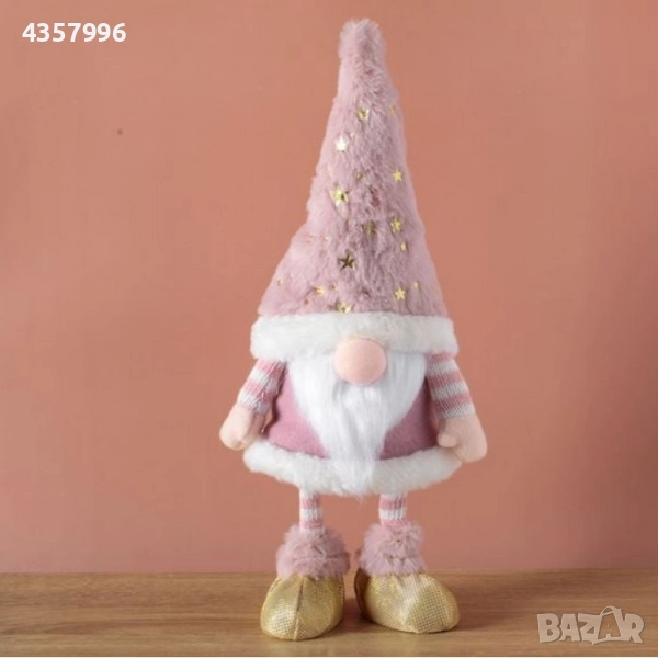 Коледна декоративна фигурка на гномче с розова рокля, 44см, снимка 1