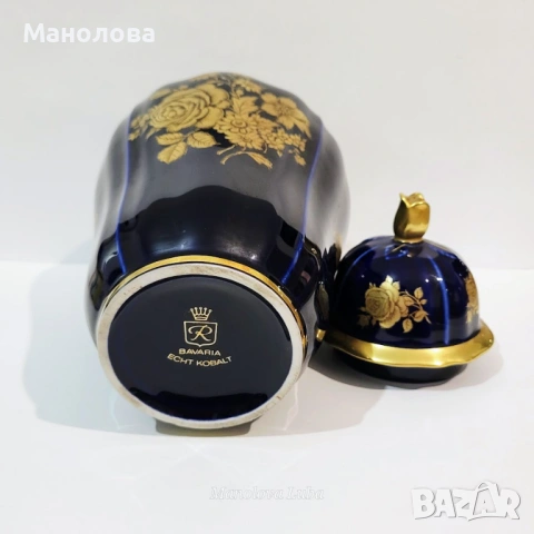 Кобалтово синя ваза с капак и златисти флорални мотиви Retsch & Wunsiedel., снимка 7 - Други ценни предмети - 53449286