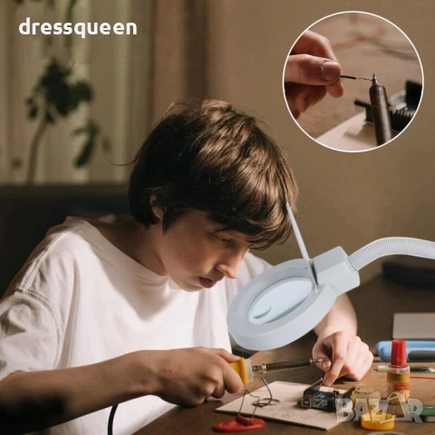 4888 Професионална LED лампа с лупа и органайзер – Бяла, със защитен капак и тъч управление, снимка 6 - Настолни лампи - 53624225