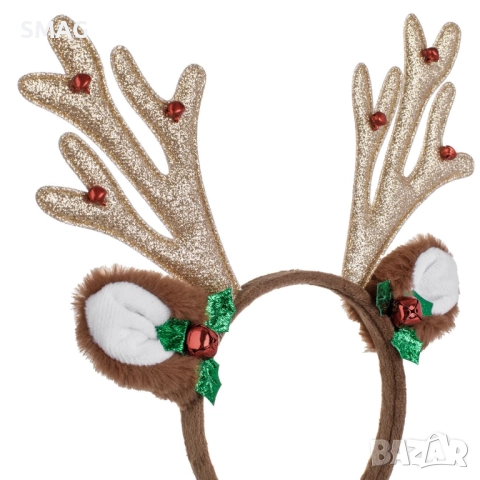 Коледна диадема еленови рога кафяви със звънчета и брокат 12 см_1255090, снимка 3 - Шноли, диадеми, ленти - 52708473