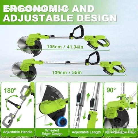 Нов Безжичен тример/храсторез 750W с LCD, 2 батерии, ножове + четки, снимка 5 - Градински инструменти - 53738365