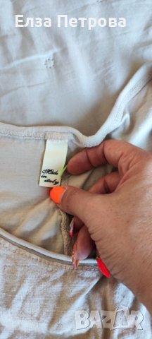 Бежова лятна дамска блуза с къс ръкав с апликация и пайети в сребро, лен и памук, снимка 5 - Тениски - 46241255