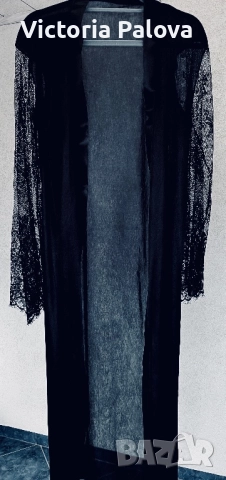 Елегантен черен шифонов пеньоар с дантелени ръкави