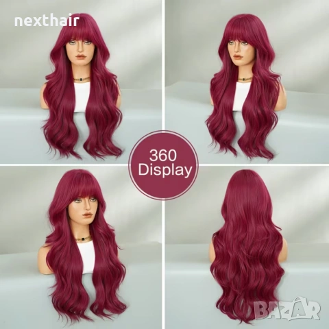 Вишнево червена чуплива перука с бретон, снимка 5 - Аксесоари за коса - 53803579