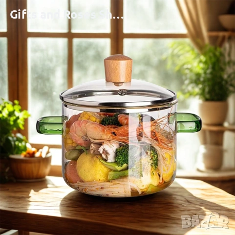 Стъклена тенджера със зелени дръжки, снимка 2 - Съдове за готвене - 53880050