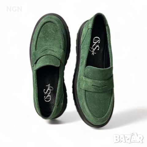 Модерни дамски лоуфъри в тъмно зелен естествен велур с класическа визия , снимка 4 - Дамски ежедневни обувки - 45082733