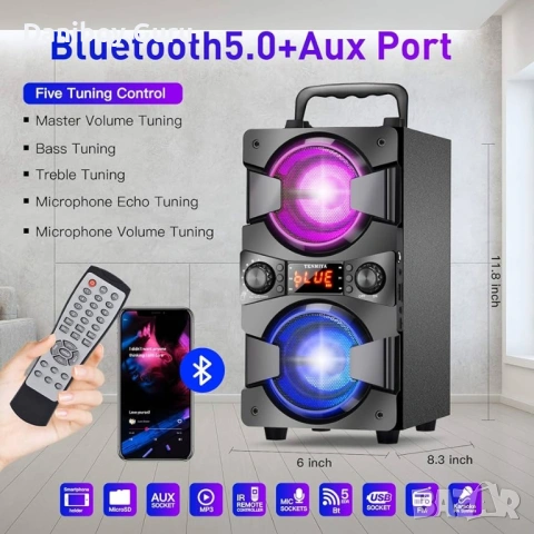 Bluetooth тонколона, преносими безжични високоговорители с микрофон, 60W пикова мощност, снимка 3 - Bluetooth тонколони - 54019983