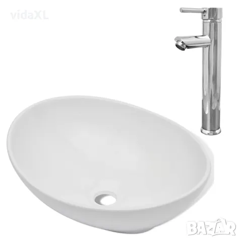 vidaXL Мивка за баня със смесител, керамична, овална, бяла(SKU:275497), снимка 1 - Мивки - 48503171