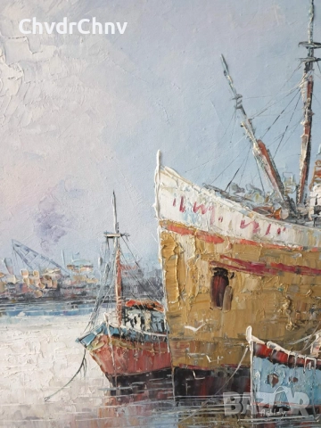 Ashley 74х64см/голяма картина масло върху платно/морски пейзаж/пристанище-рибарски кораби, снимка 5 - Картини - 52548497