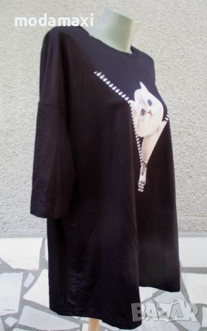 4XL Нова черна блуза с котенце, снимка 3 - Тениски - 45702545