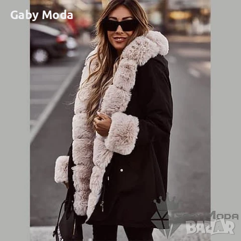 Черно дамско зимно яке парка с пух в цвят екрю, снимка 2 - Якета - 51065622