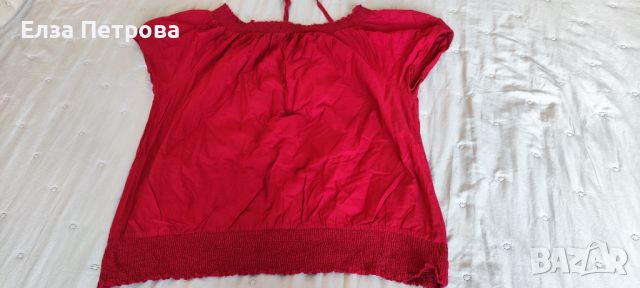 Дамска лятна тъмно червена блуза с къс ръкав с бродерия цветя и вързанки на деколтето, памук, снимка 1 - Туники - 46414350