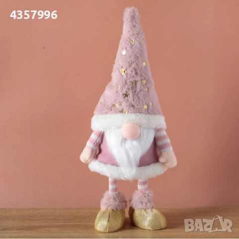Коледна декоративна фигурка на гномче с розова рокля, 44см