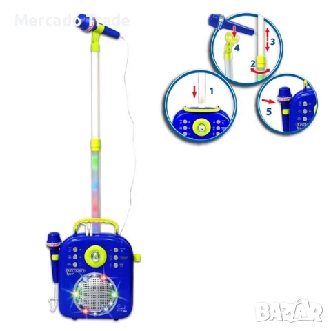 Детско караоке с 2 микрофона, звук, светлини и регулируема стойка