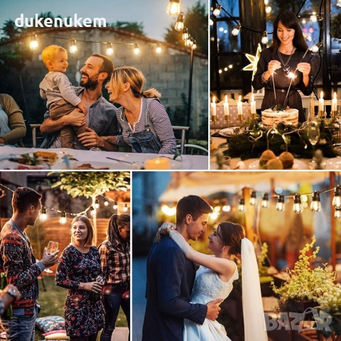 16м Външни гирлянди с 15+1 S14 LED крушки, IP65, нечупливи, топла светлина, снимка 2 - Лед осветление - 52638101