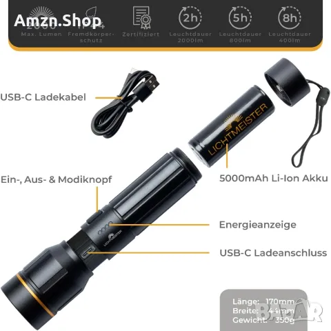 LICHTMEISTER ® LED акумулаторна фенерче 2000 лумена 5000 mAh батерия, снимка 4 - Къмпинг осветление - 49654426
