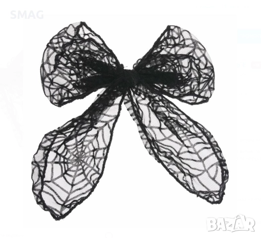 Halloween / Хелоуин шнола за коса с панделка от черен тюл с паяжина, 14 см_1255382