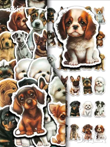 4 вид 50 бр Куче кучета кученца самозалепващи лепенки стикери за украса декор картонена торта, снимка 7 - Други - 49899347