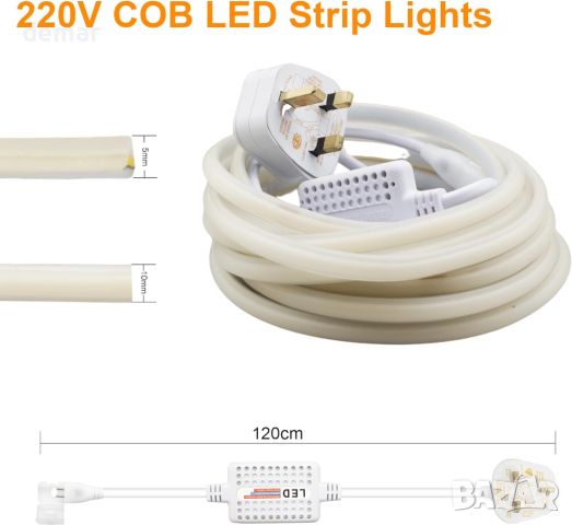 TTWAY 220V COB LED лента 20 m, Водоустойчива LED лента с 288 LED/M, 10W/M, CRI>90, 10mm ширина,6000К, снимка 2 - Лед осветление - 45302432