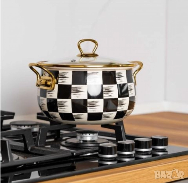 Тенджера Goldmann 24x15см. 6.2л./  26x16см. 8.5л., 4л., 5л., Емайл. Индукция. Бял/Черен каре, снимка 1