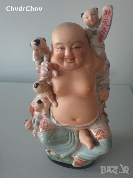 Голяма винтидж порцеланова фигура на щастлив Буда с деца (статуетка Laughing Buddha With 5 Kids), снимка 1