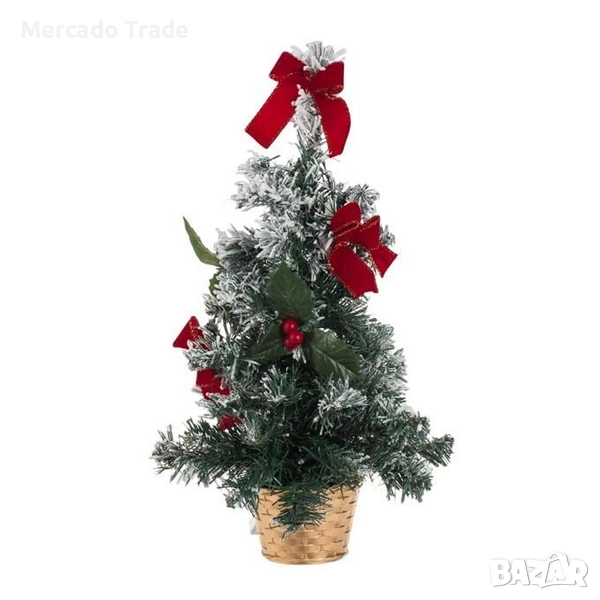 Декоративна коледна елха с червени панделки в саксия, 20 LED, 50см, снимка 1