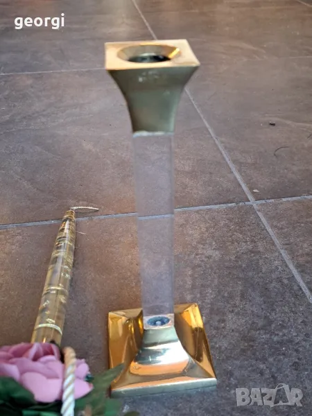 бронзов свещник с декоративна свещ със златни люспи  7/4, снимка 1