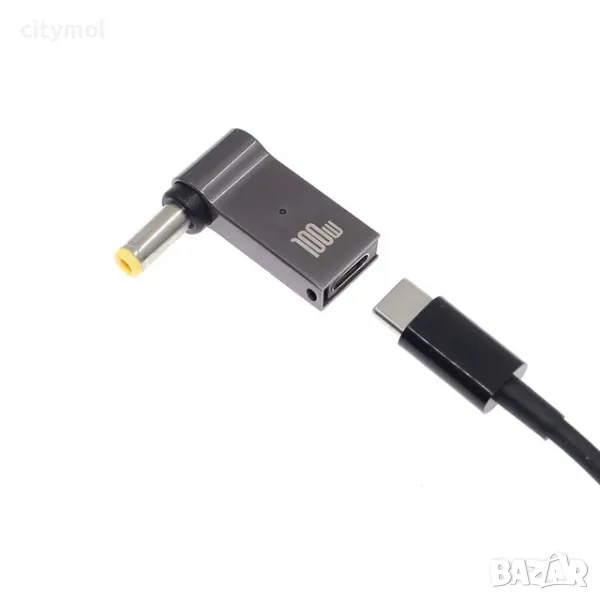 100W USB C към DC 5,5x2,5 mm адаптер за лаптоп, PD E Mark чипсет, 90 градуса, снимка 1