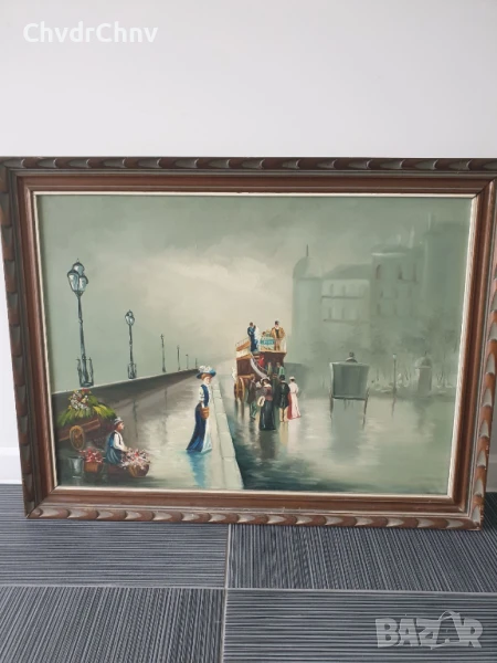 92х71см/стара голяма картина масло върху платно/градски пейзаж-Лондон-мост-карета/дървена рамка, снимка 1