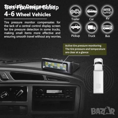 Нова TPMS система за 6 гуми – 144 PSI, соларна и USB, камион/каравана, снимка 4 - Друга електроника - 49683704