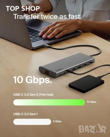 Belkin USB-C 8 в 1 хъб,2 USB-C, 2 USB-A, 2 HDMI, Ethernet и 100 W порт, снимка 5 - Кабели и адаптери - 49457540