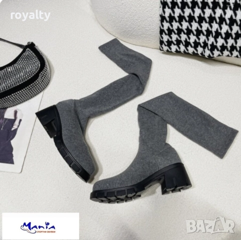 ЕЛЕГАНТНИ ДАМСКИ БОТУШИ от ТЕКСТИЛ в СИВО, снимка 2 - Дамски ботуши - 52142025