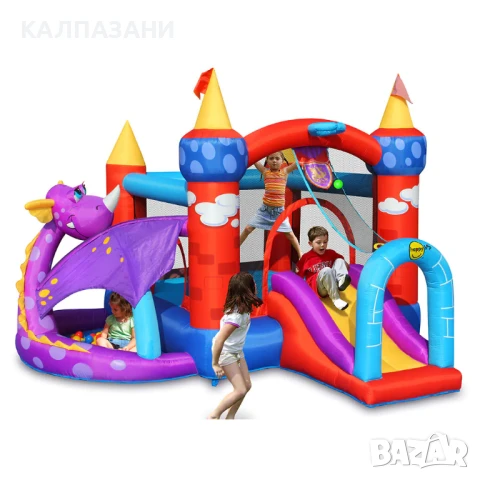 HAPPY HOP Батут замък с дракон, топки и помпа 350x350x245 9022, снимка 7 - Надуваеми играчки - 50446938