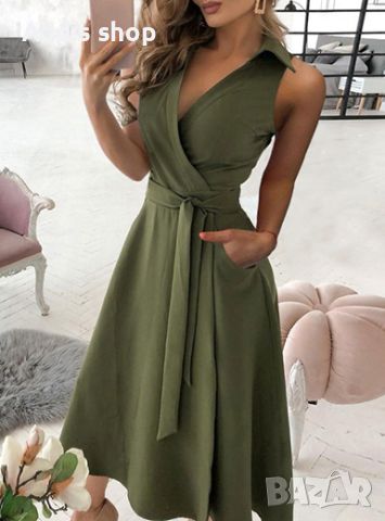 Дамска стилна рокля със сгъната яка с джобове, 4цвята , снимка 3 - Рокли - 45270168