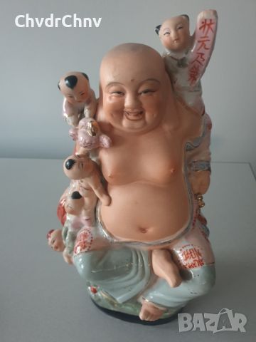 Голяма винтидж порцеланова фигура на щастлив Буда с деца (статуетка Laughing Buddha With 5 Kids), снимка 1 - Статуетки - 46801602