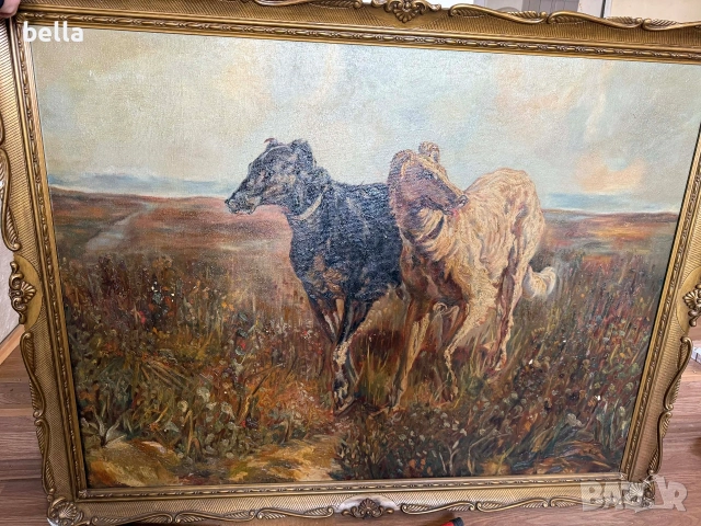 Старинно маслено платно "Руски борзои" – Музеен размер (140х110 см), снимка 4 - Антикварни и старинни предмети - 53863532