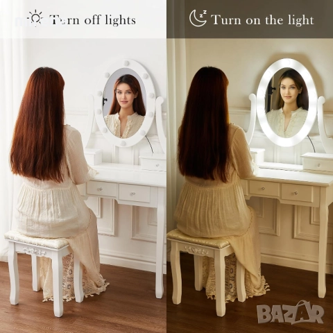 Тоалетка за грим с осветление, винтидж, комплект огледало и табуретка, снимка 2 - Тоалетки - 51546763