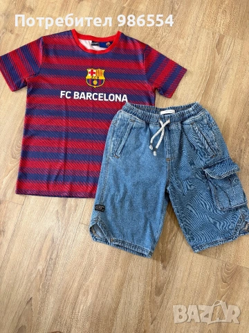 Тениска и дънкови къси панталони размер 146 см 