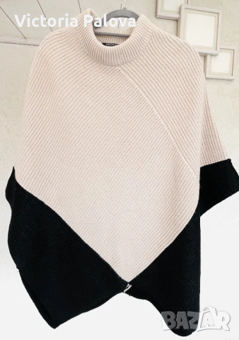 Луксозно дизайнерско пончо René Lezard – вълна и памук, асиметрия, черно/екрю, снимка 4 - Блузи с дълъг ръкав и пуловери - 53892069