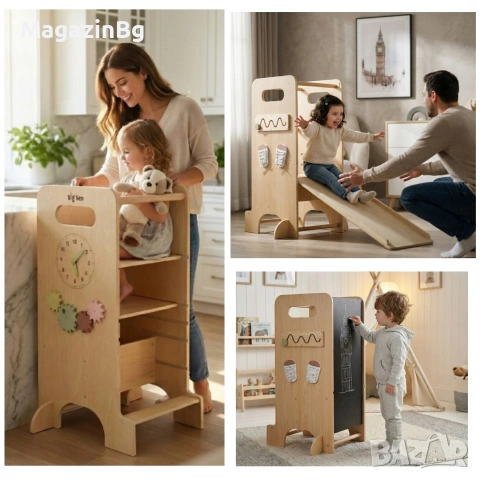 Дървена обучителна кула 4 в 1 Big Ben Пързалка Дъска за рисуване Монтесори 