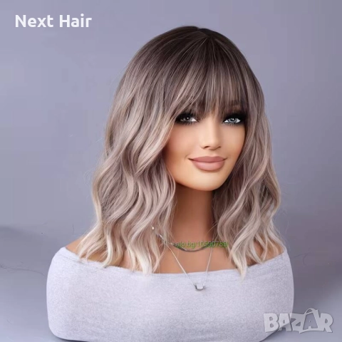 Вълнообразна руса перука с тристепенен омбре ефект и бретон, снимка 4 - Аксесоари за коса - 52897597