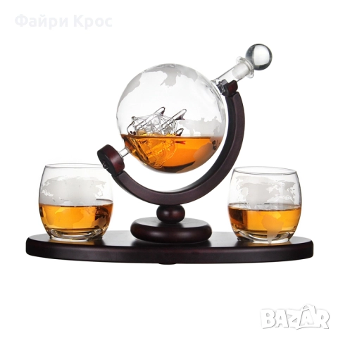 Стъклена бутилка глобус 850мл, 2бр чаши x 200мл, корпоративен подарък за мъже, снимка 2 - Подаръци за мъже - 52799155