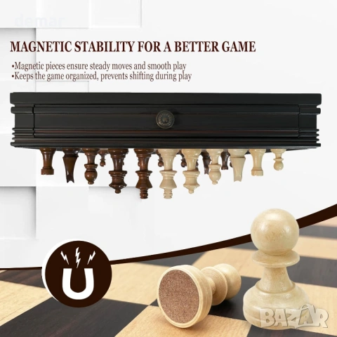 Дървен шахматен комплект магнитен – 2 в 1 шахматна дъска 32 см, 34 фигури Staunton, снимка 3 - Шах и табла - 53827022