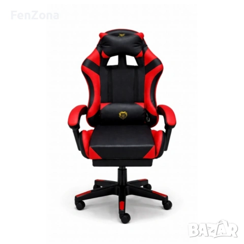 Удобен геймърски стол с поставка за крака и масажна лумбална възглавница, Черно-червен, снимка 5 - Столове - 54096642